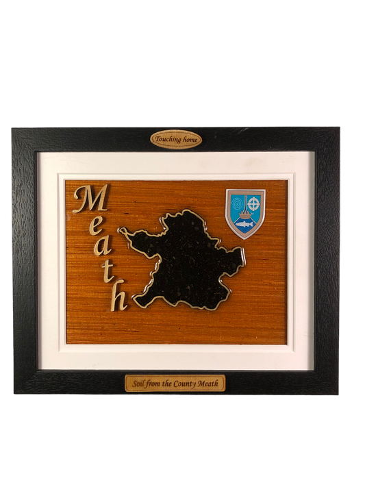 County Meath wood raised border style plaque with authentic Meath soil encased and displayed within