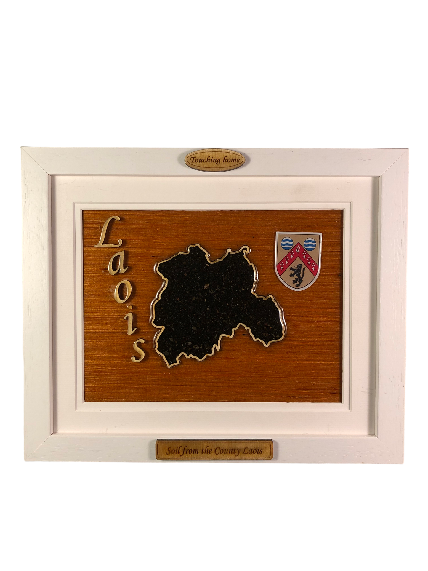 County Laois wood raised border style plaque with authentic Laois soil encased and displayed within