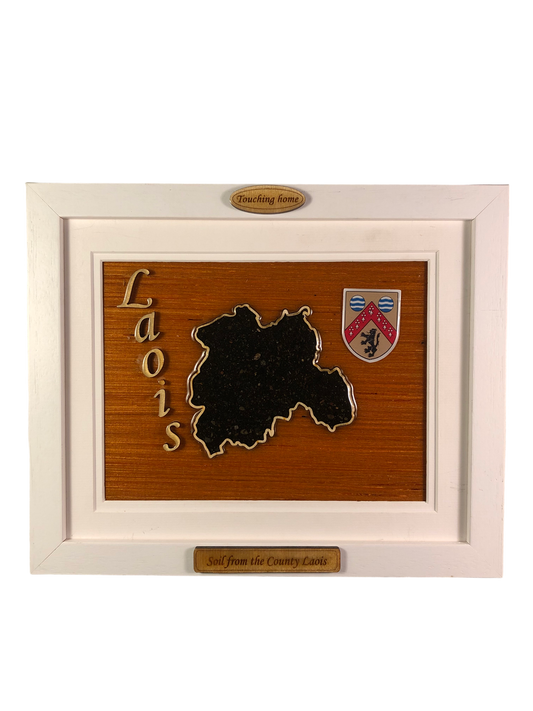 County Laois wood raised border style plaque with authentic Laois soil encased and displayed within