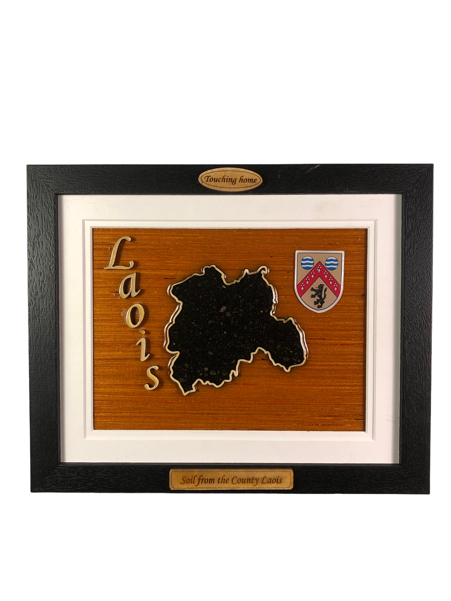 County Laois wood raised border style plaque with authentic Laois soil encased and displayed within