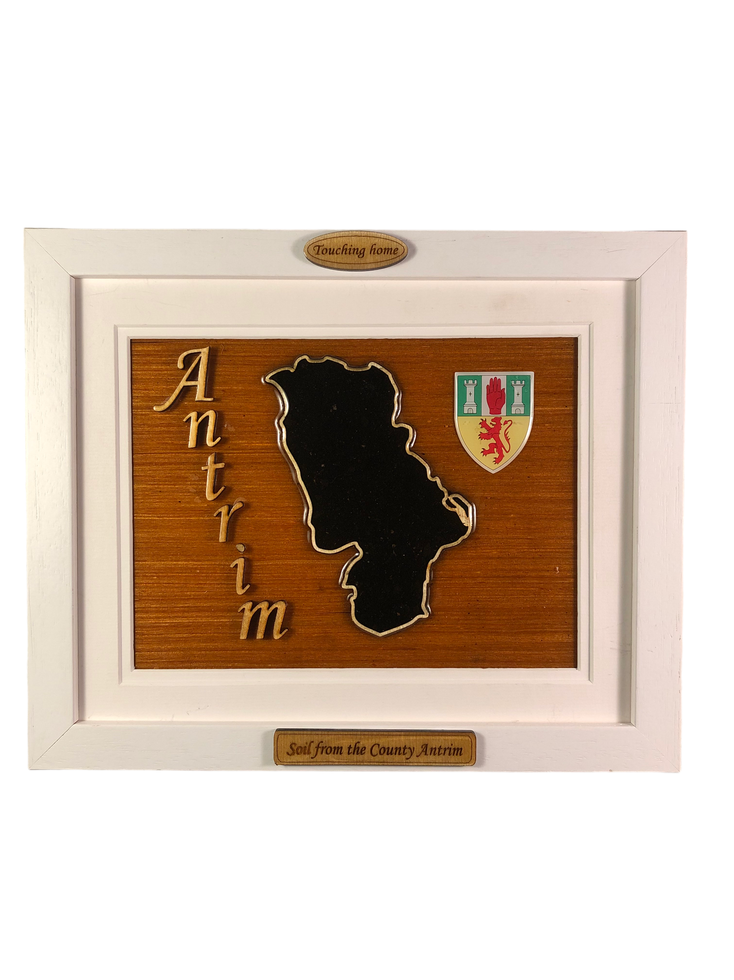 County Antrim wooden raised border style plaque with authentic Antrim soil encased and displayed within