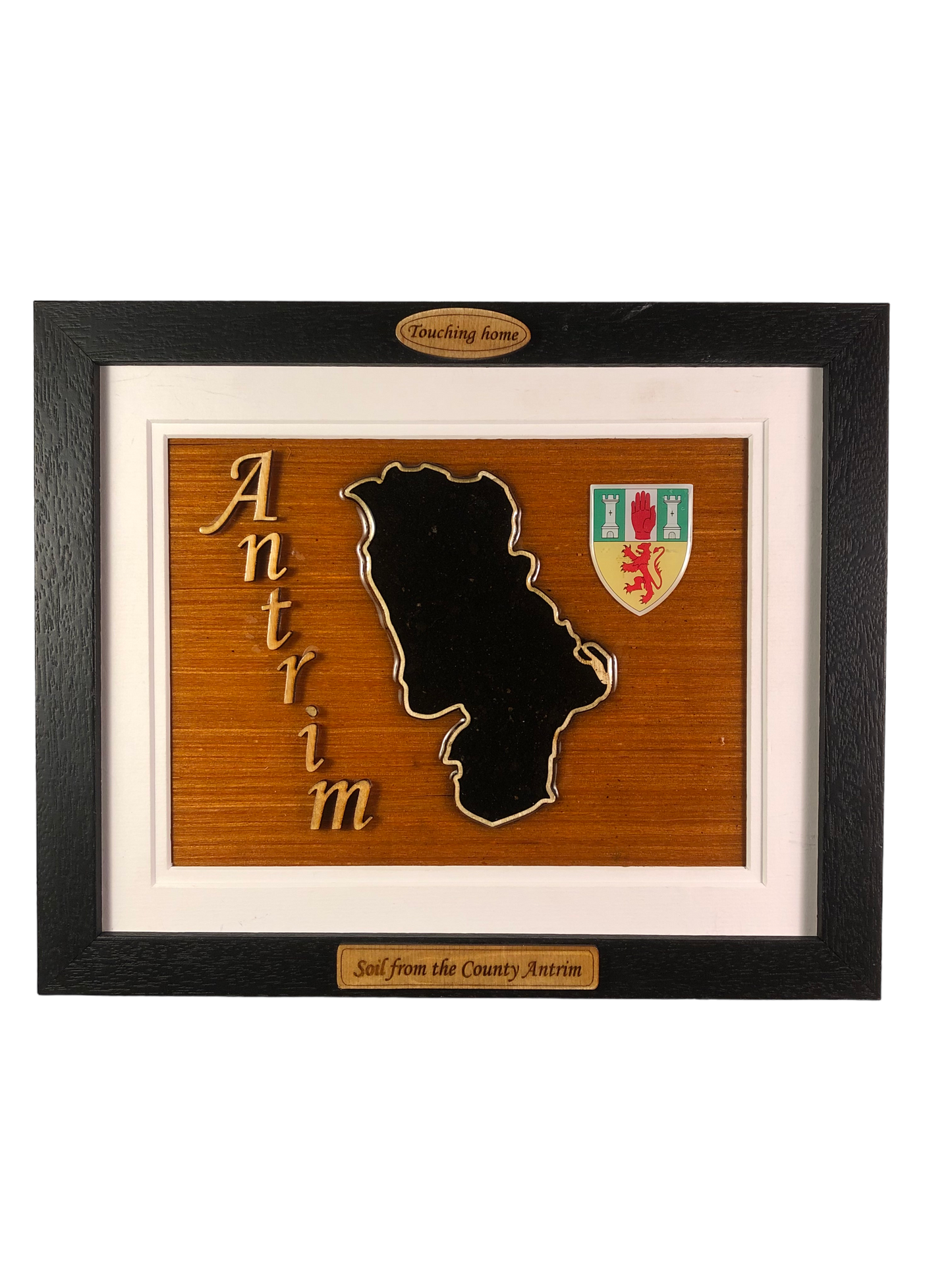 County Antrim wooden raised border style plaque with authentic Antrim soil encased and displayed within