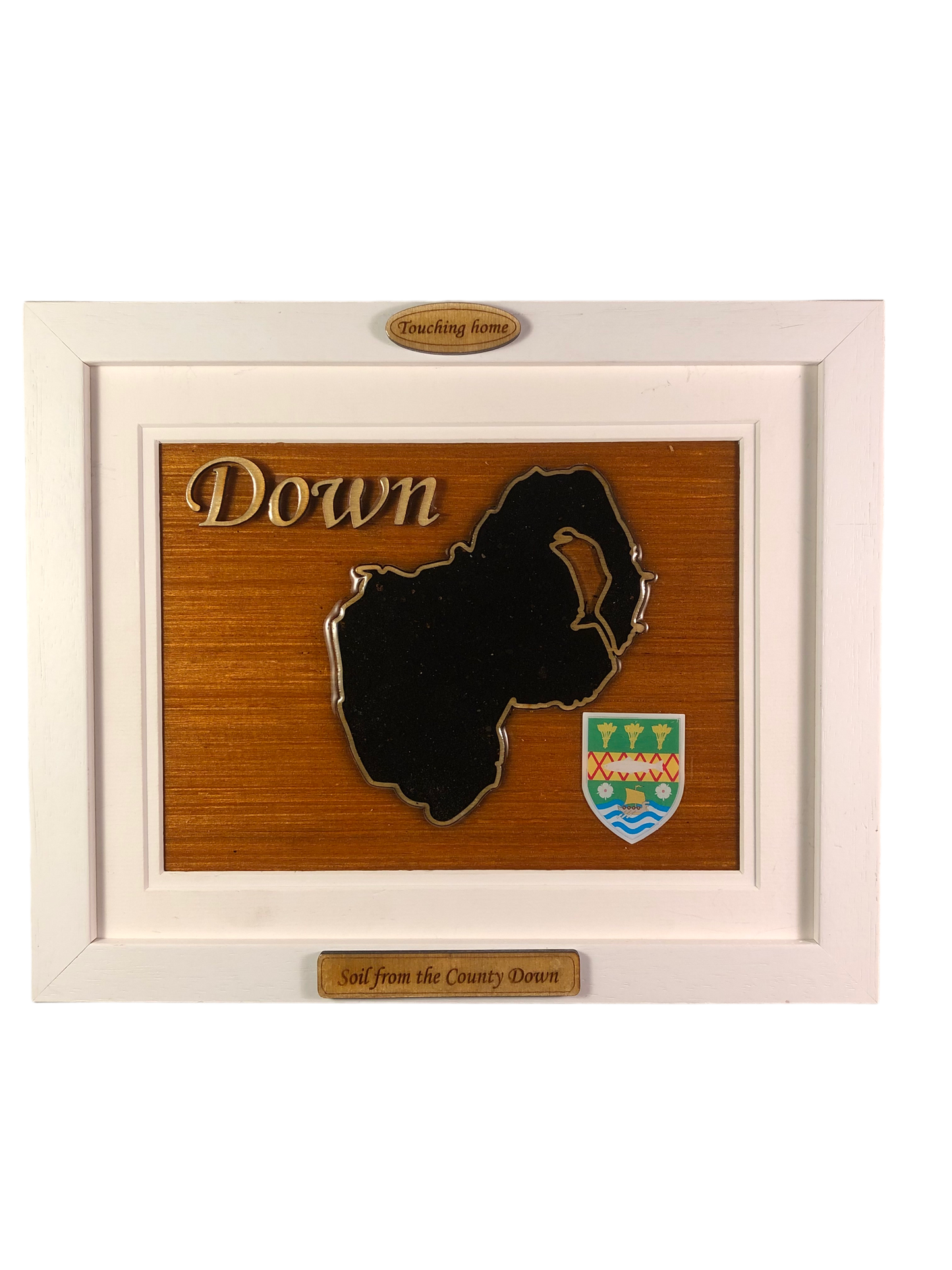 County Down wooden raised border style plaque with authentic Down soil encased and displayed within