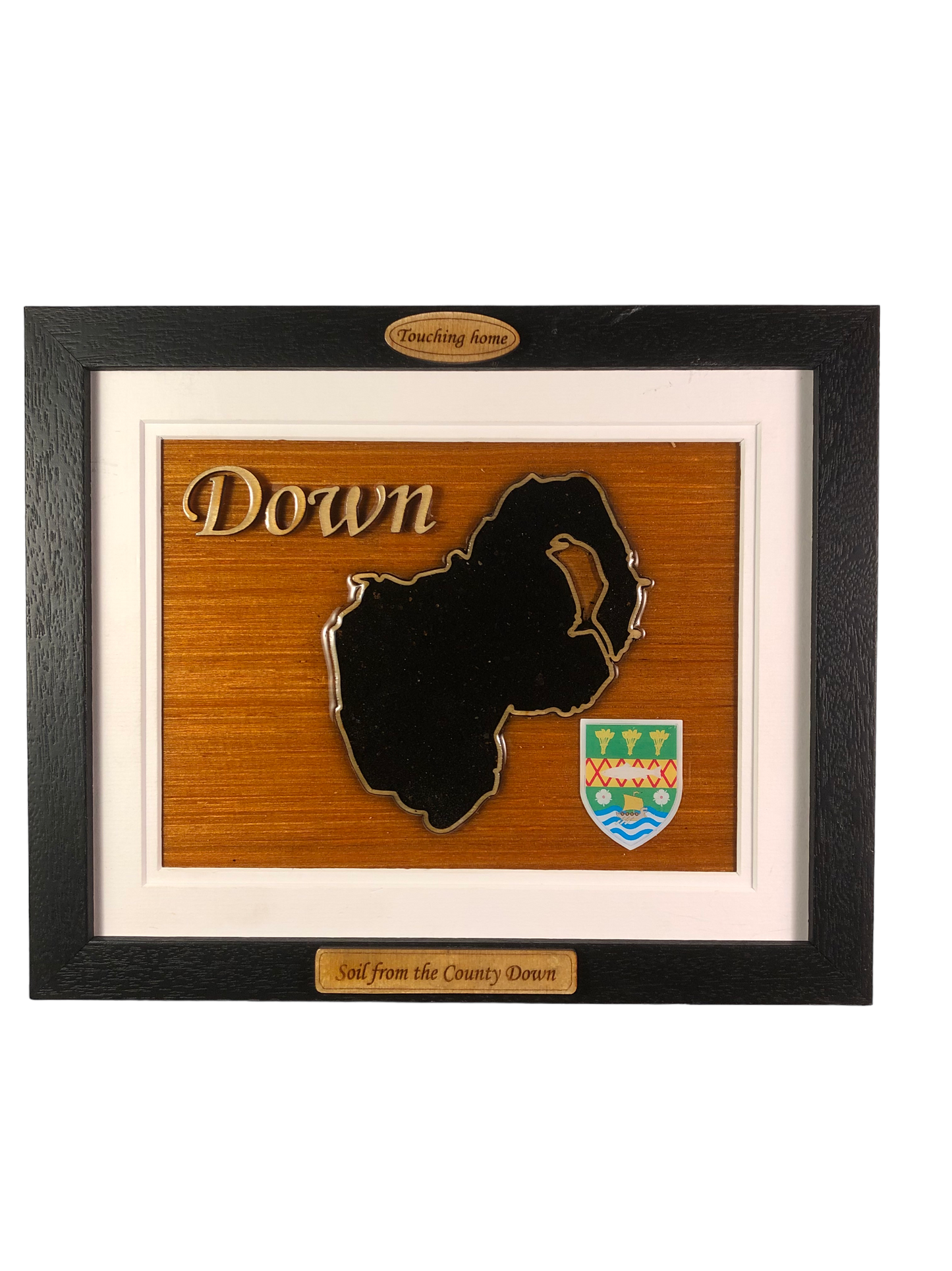 County Down wooden raised border style plaque with authentic Down soil encased and displayed within