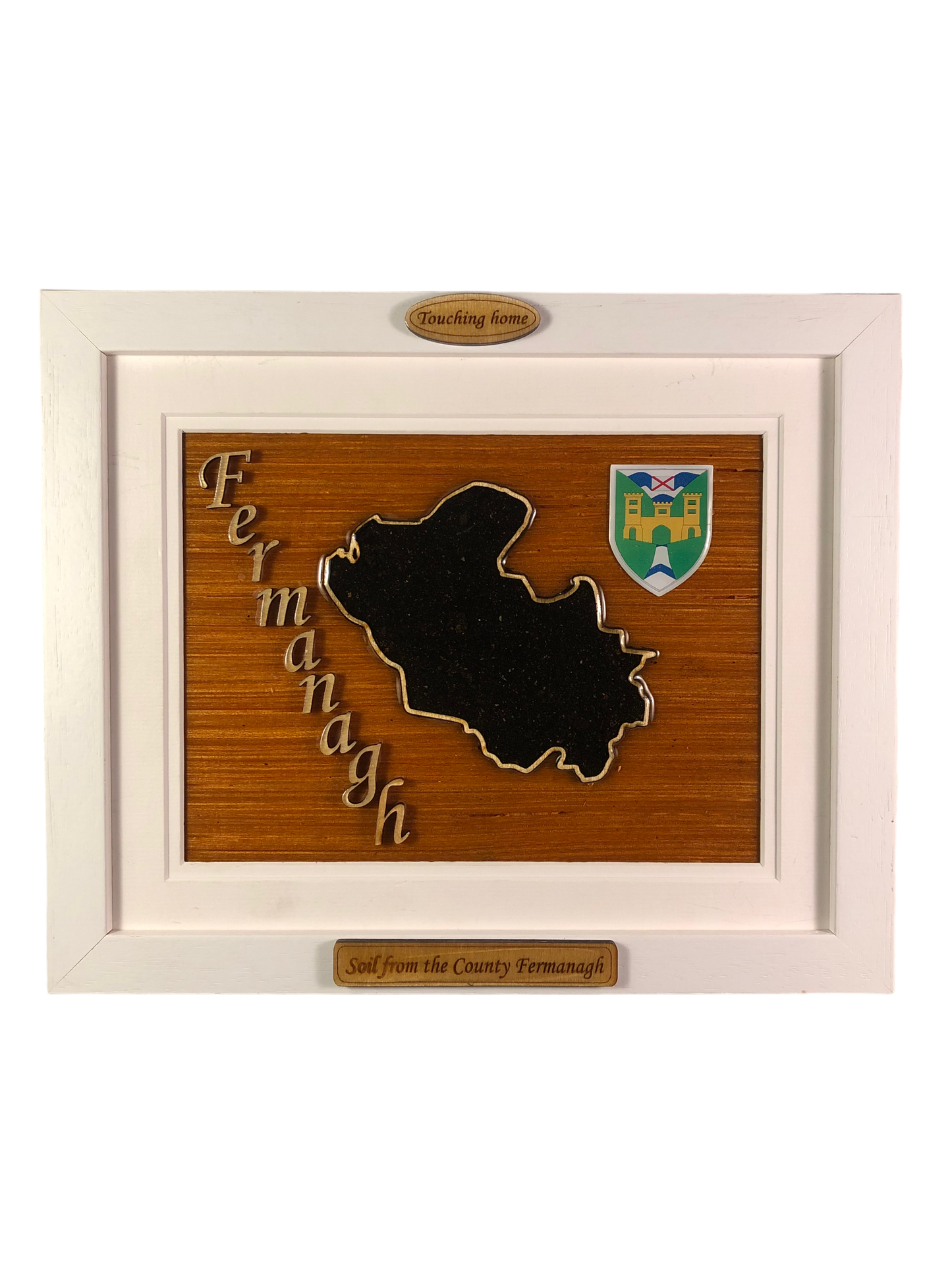 County Fermanagh wooden raised border style plaque with authentic Fermanagh soil encased and displayed within