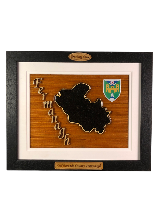 County Fermanagh wooden raised border style plaque with authentic Fermanagh soil encased and displayed within