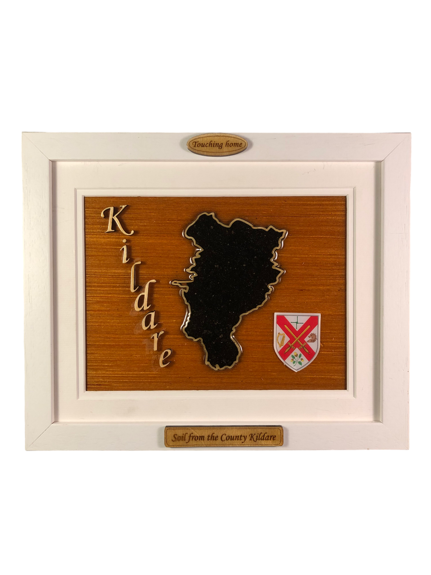 County Kildare wooden raised border style plaque with authentic Kildare soil encased and displayed within