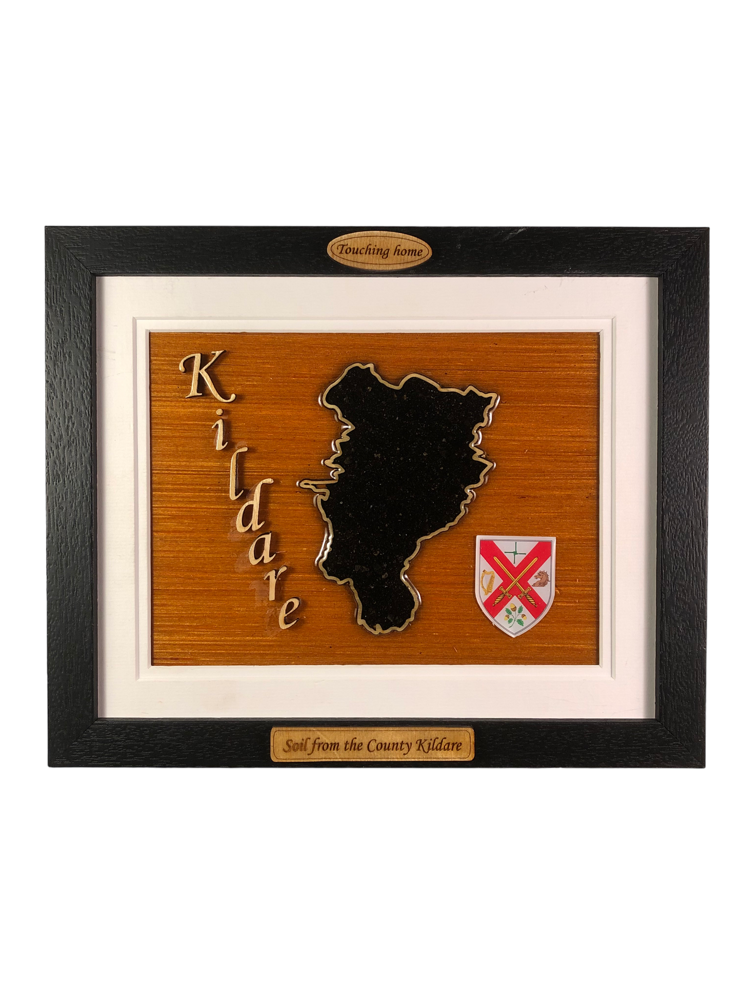 County Kildare wooden raised border style plaque with authentic Kildare soil encased and displayed within