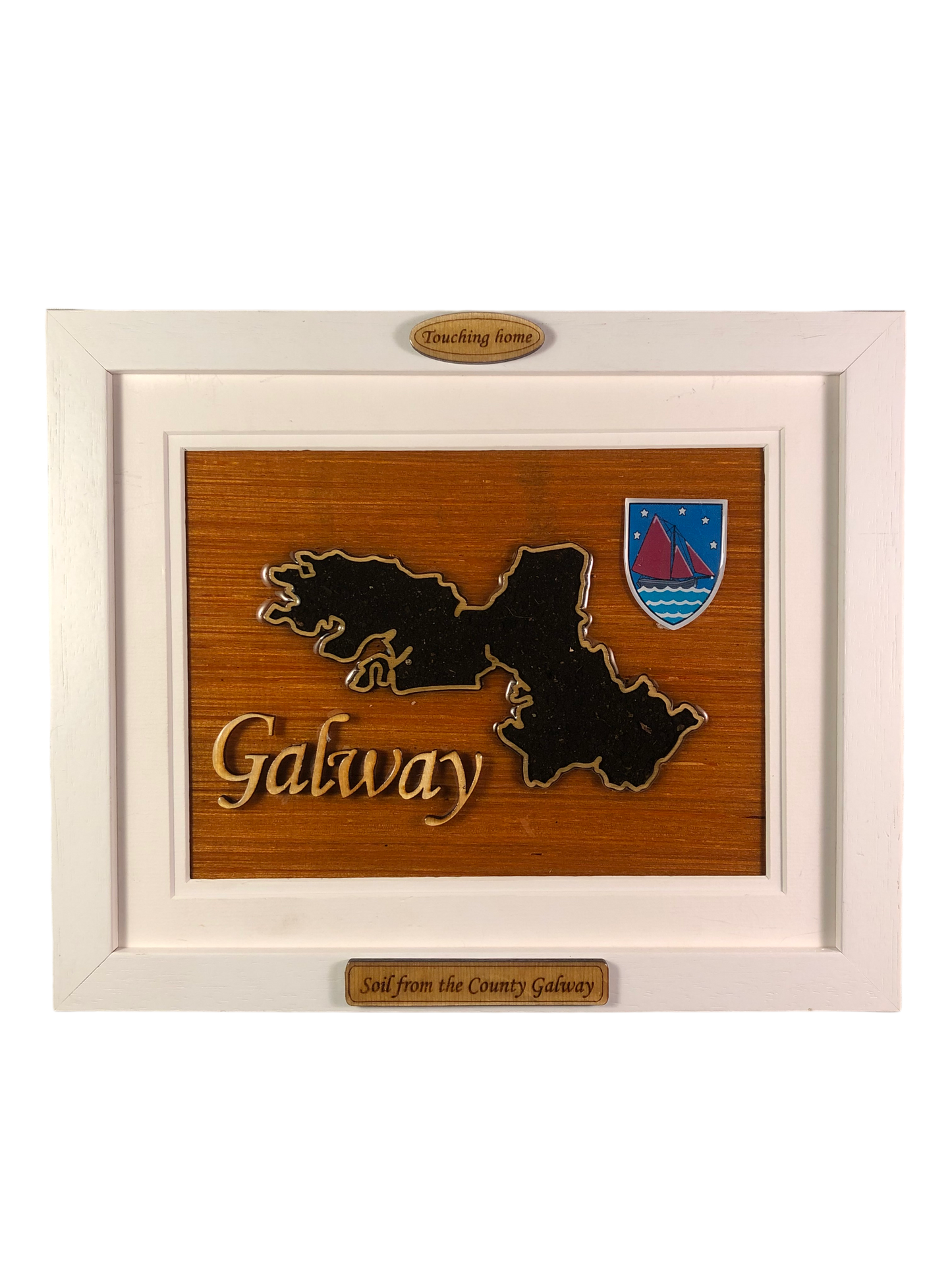 County Galway wooden raised border style plaque with authentic Galway soil encased and displayed again