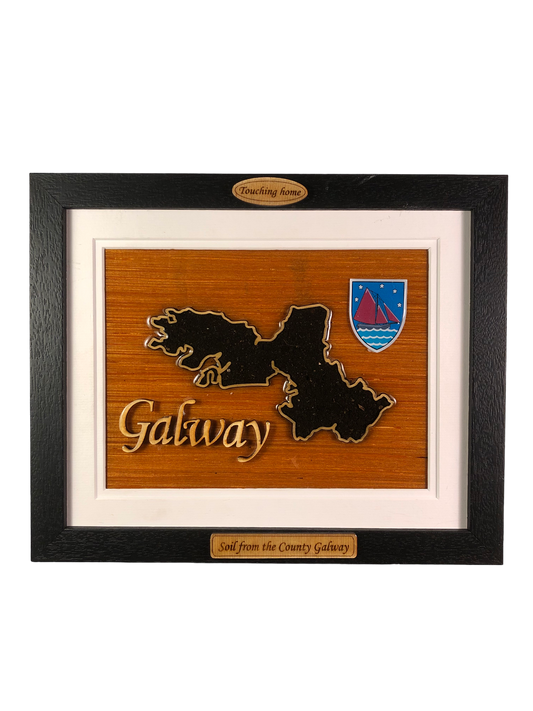 County Galway wooden raised border style plaque with authentic Galway soil encased and displayed again