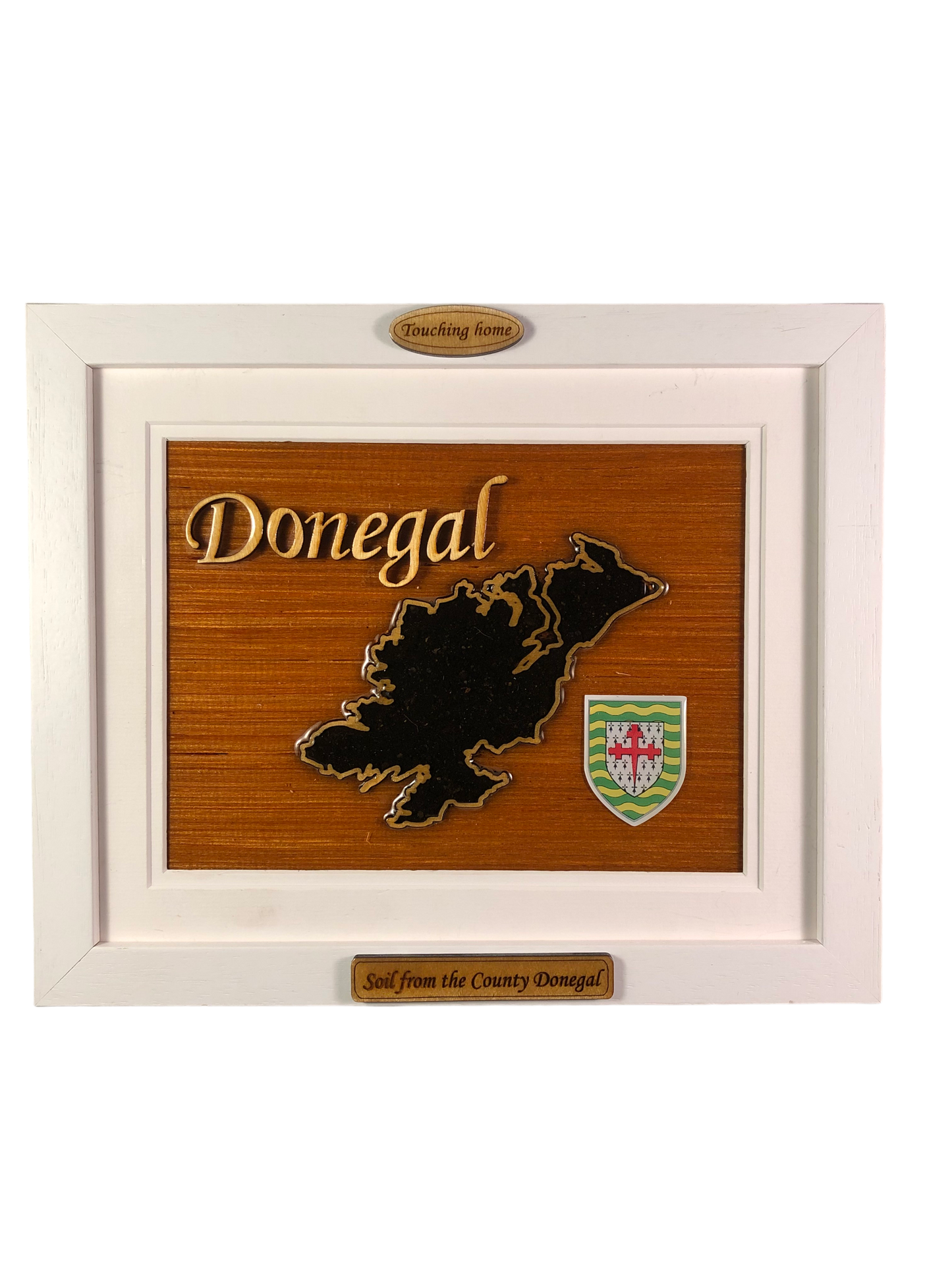 County Donegal wooden raised border style plaque with authentic Donegal soil encased and displayed within