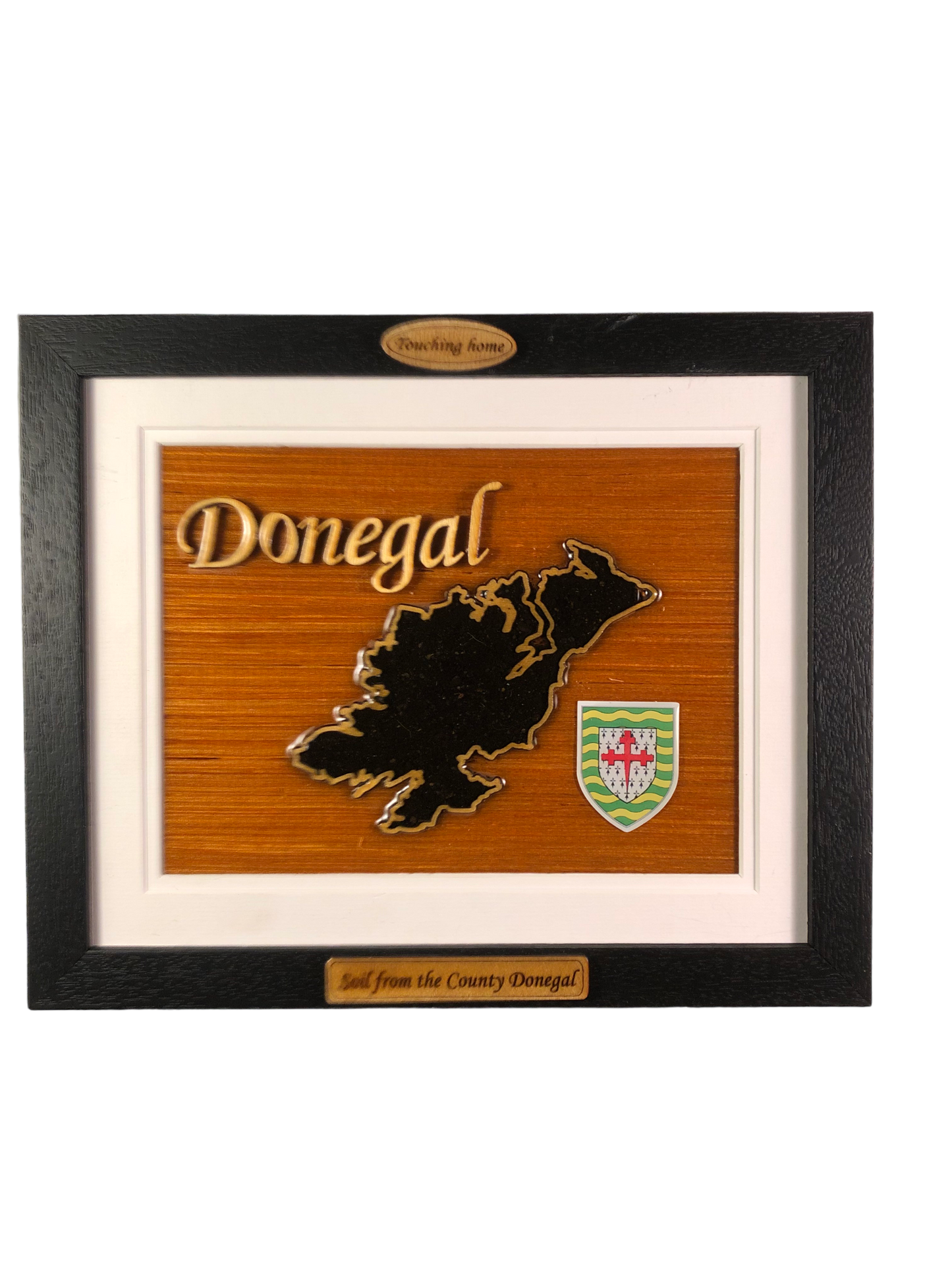 County Donegal wooden raised border style plaque with authentic Donegal soil encased and displayed within