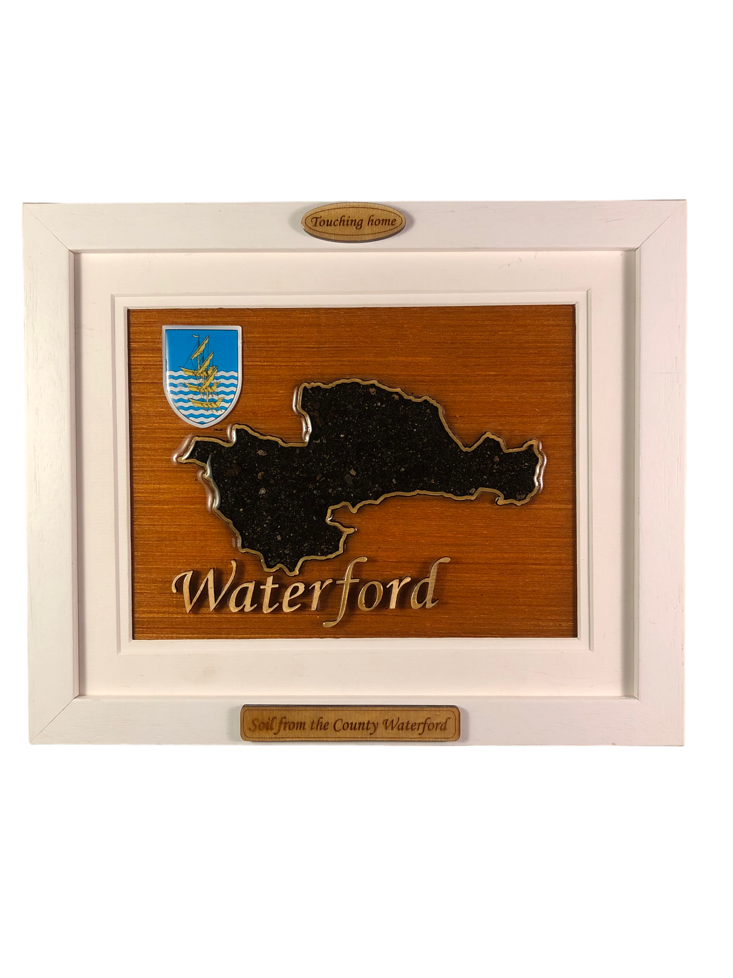 County Wateford wooden raised border style plaque with authentic Waterford soil encased and displayed within