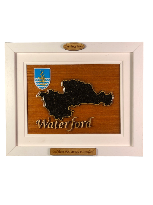 County Wateford wooden raised border style plaque with authentic Waterford soil encased and displayed within