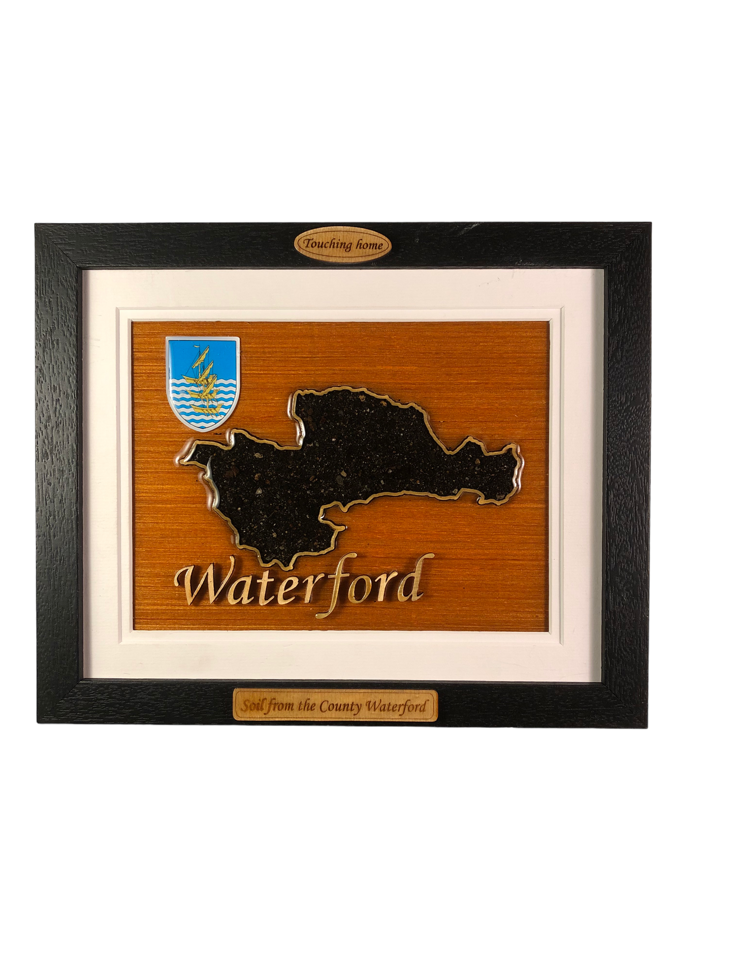 County Wateford wooden raised border style plaque with authentic Waterford soil encased and displayed within