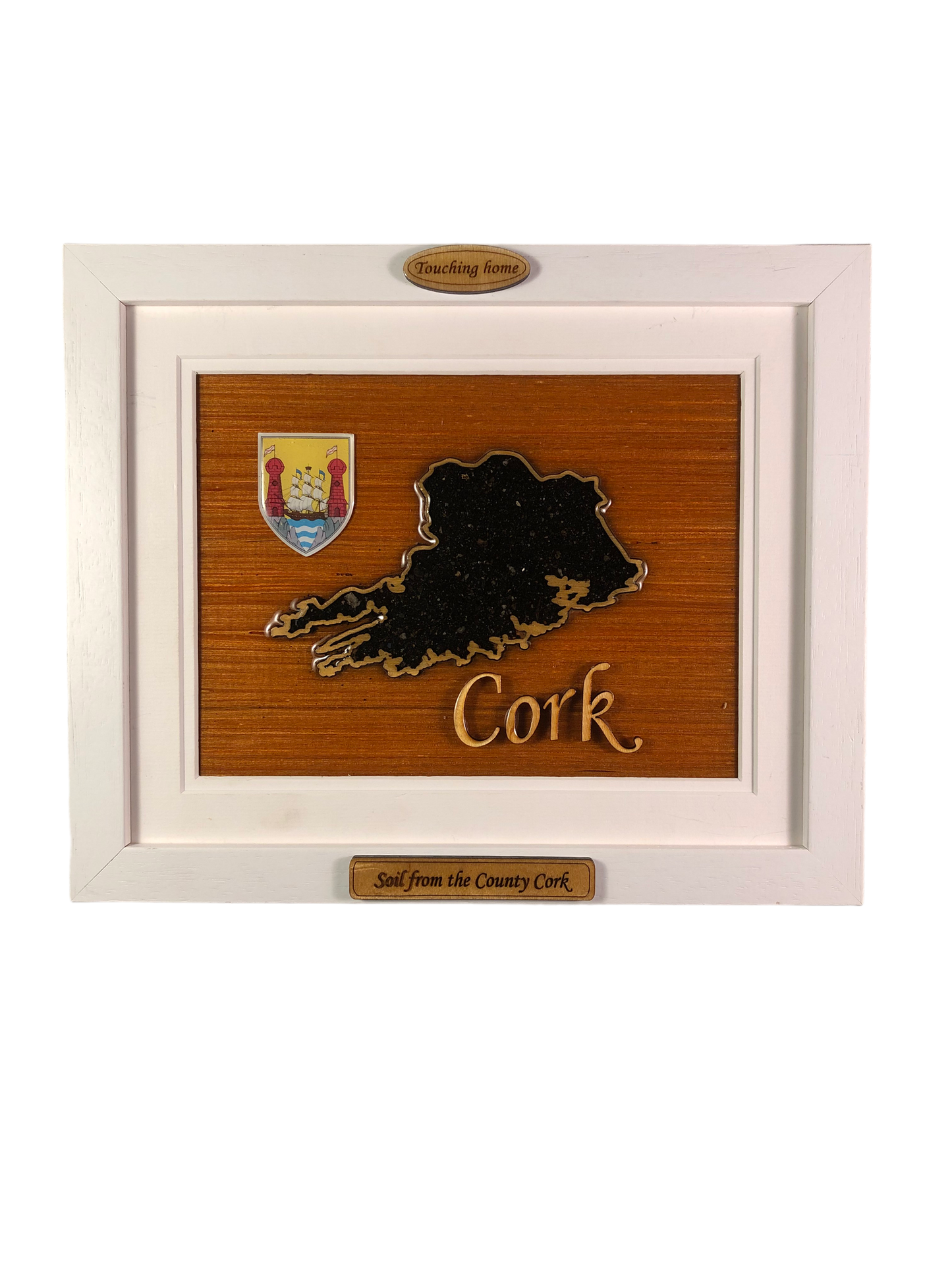 County Cork wooden raised border style plaque with authentic Cork soil encased and displayed within