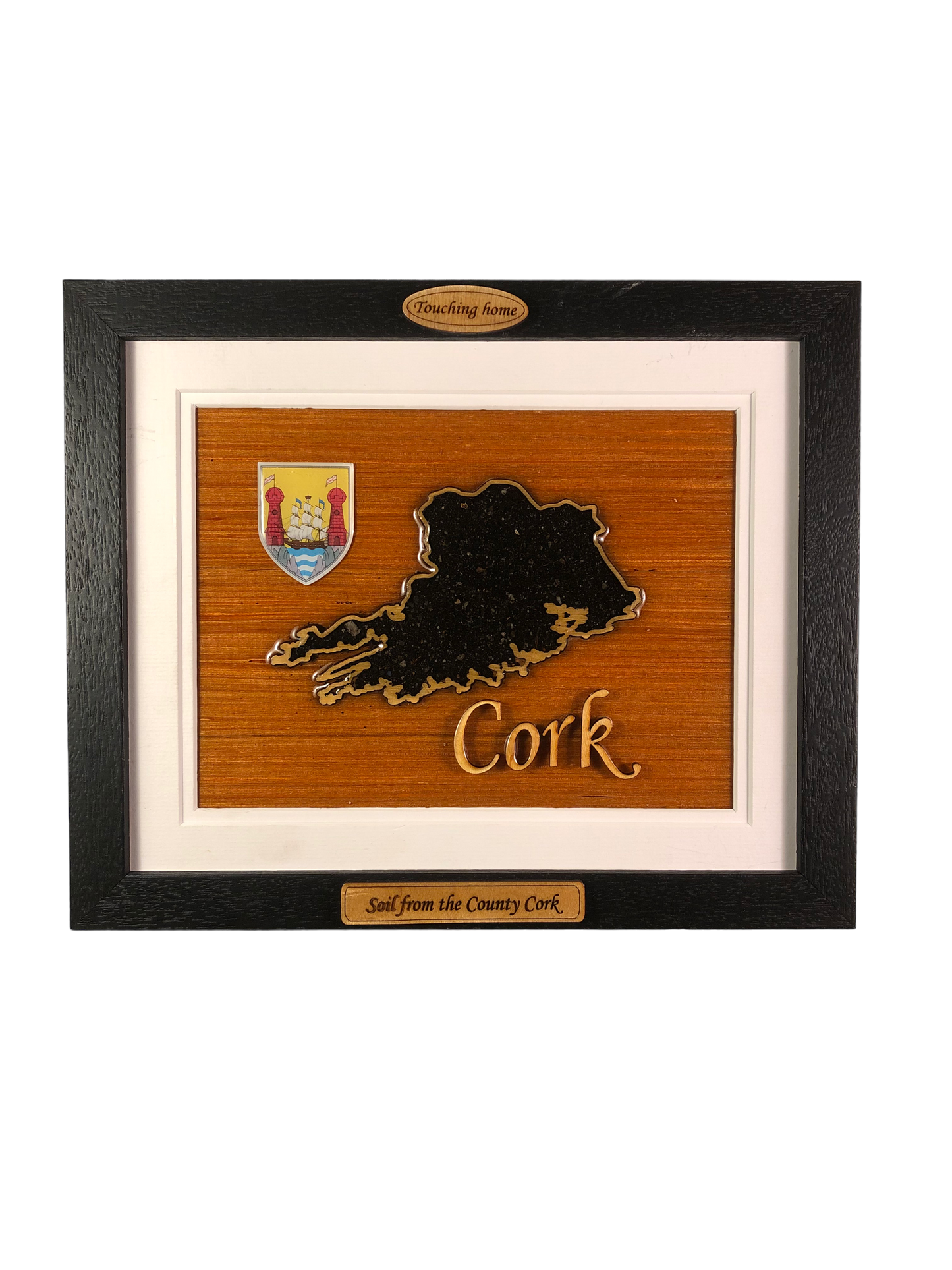 County Cork wooden raised border style plaque with authentic Cork soil encased and displayed within